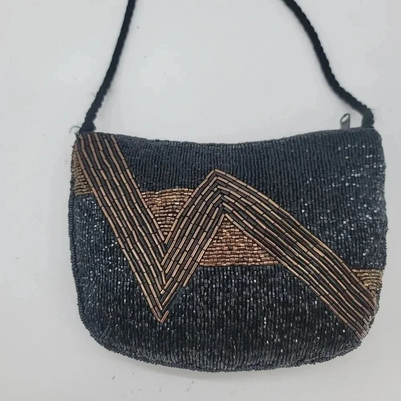Vintage Rare Unique Beaded Purse Handbag Made In Macau Black Gold Zip - Picture 3 of 7